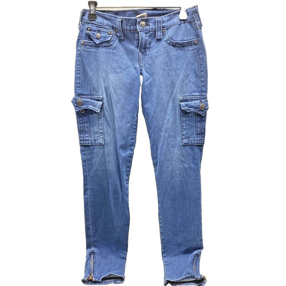 True Religion Skinny Cargo Jeans Blue Denim Zip Ankle Womens Size 26